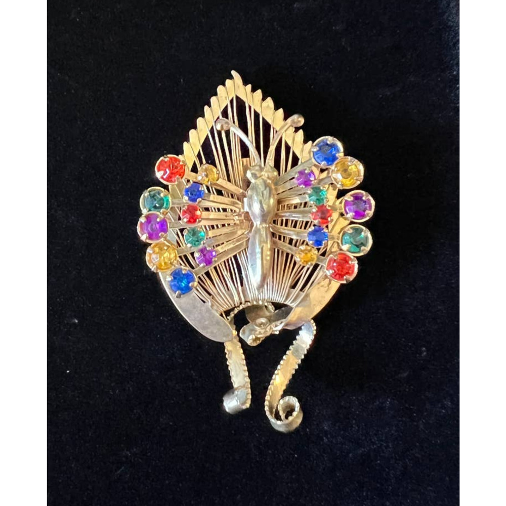 VTG Brooch Butterfly Leaf Gold Metal Multicolor Colorful Rhinestones Rainbow